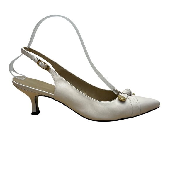 Stuart Weitzman Women’s White Leather Gold Tips Slingback Kitten Heels Size 8.5N - Picture 1 of 10